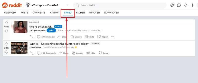 click on the “Saved” option to see your saved posts on Reddit from your desktop