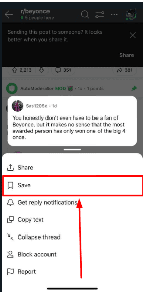 tap on the “Save” option from the list to save the comment