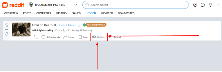 Find the post you want to unhide and click on Unhide