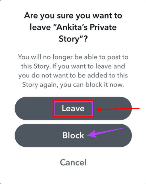 step 4 - select the Leave option to leave the private story